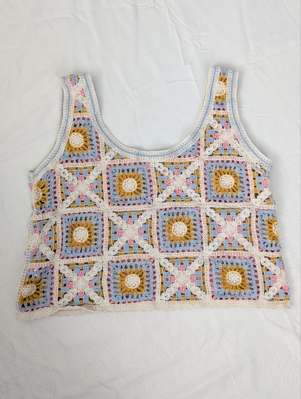 Crochet Square-Panel Copped Tank Top  Multicolor Sz M - Picture 3 of 9